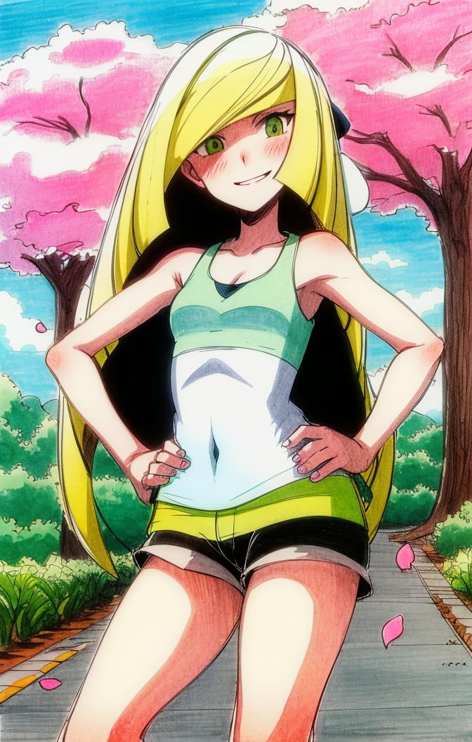 43986-4186734570-simple shading, sketch, traditional media, outdoors, cherry blossom trees, falling leaves, tanktop, shorts, lusamine [pokemon],.png